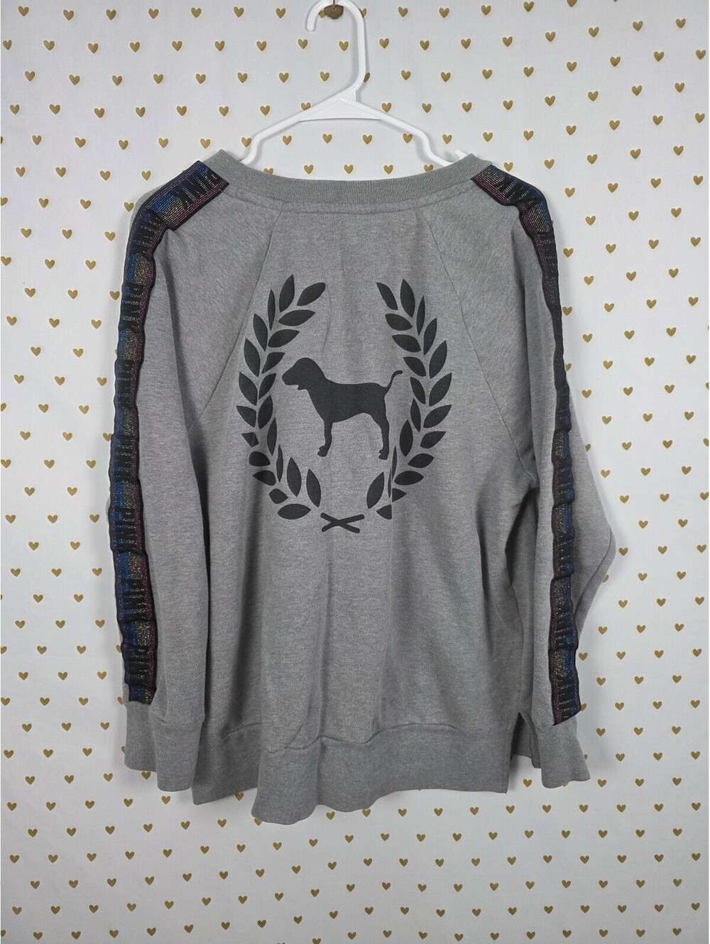 Victorias Secret Pink RAINBOW Crest Logo Sweater Crew Grey MEDIUM